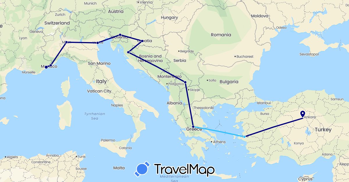 TravelMap itinerary: driving, boat in France, Greece, Croatia, Italy, Slovenia, Turkey, Kosovo (Asia, Europe)